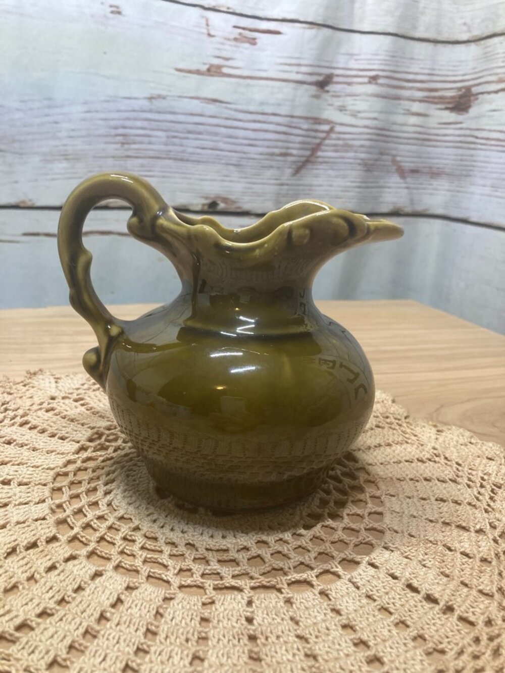 Vintage 1970s McCoy Olive Green Miniature Pottery Pitcher Spout Chip